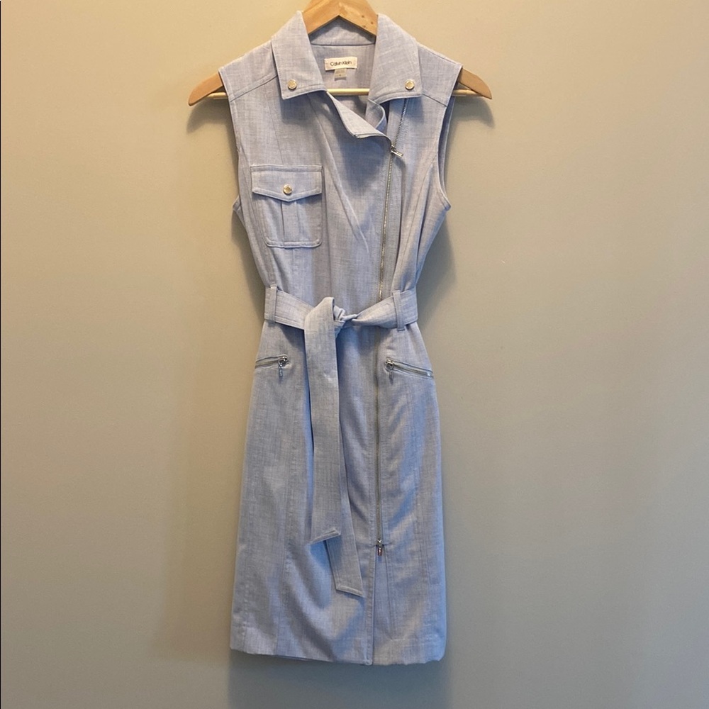 Calvin Klein Light Blue Belted Collared Career Dress